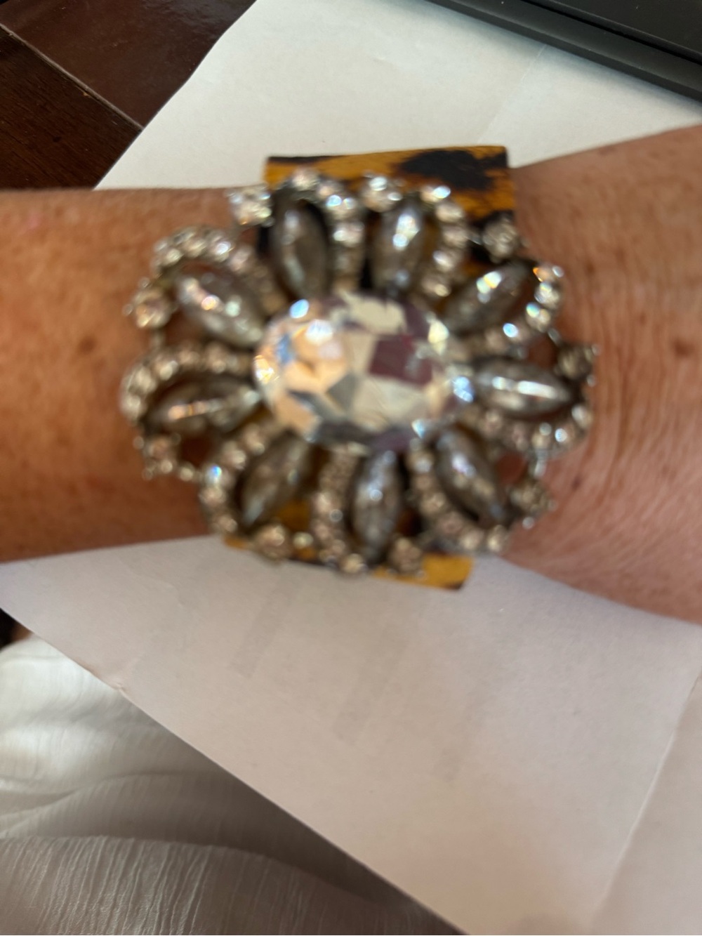 Crystal Floral Statement Cuff Bracelet - Silver and Tortoiseshell